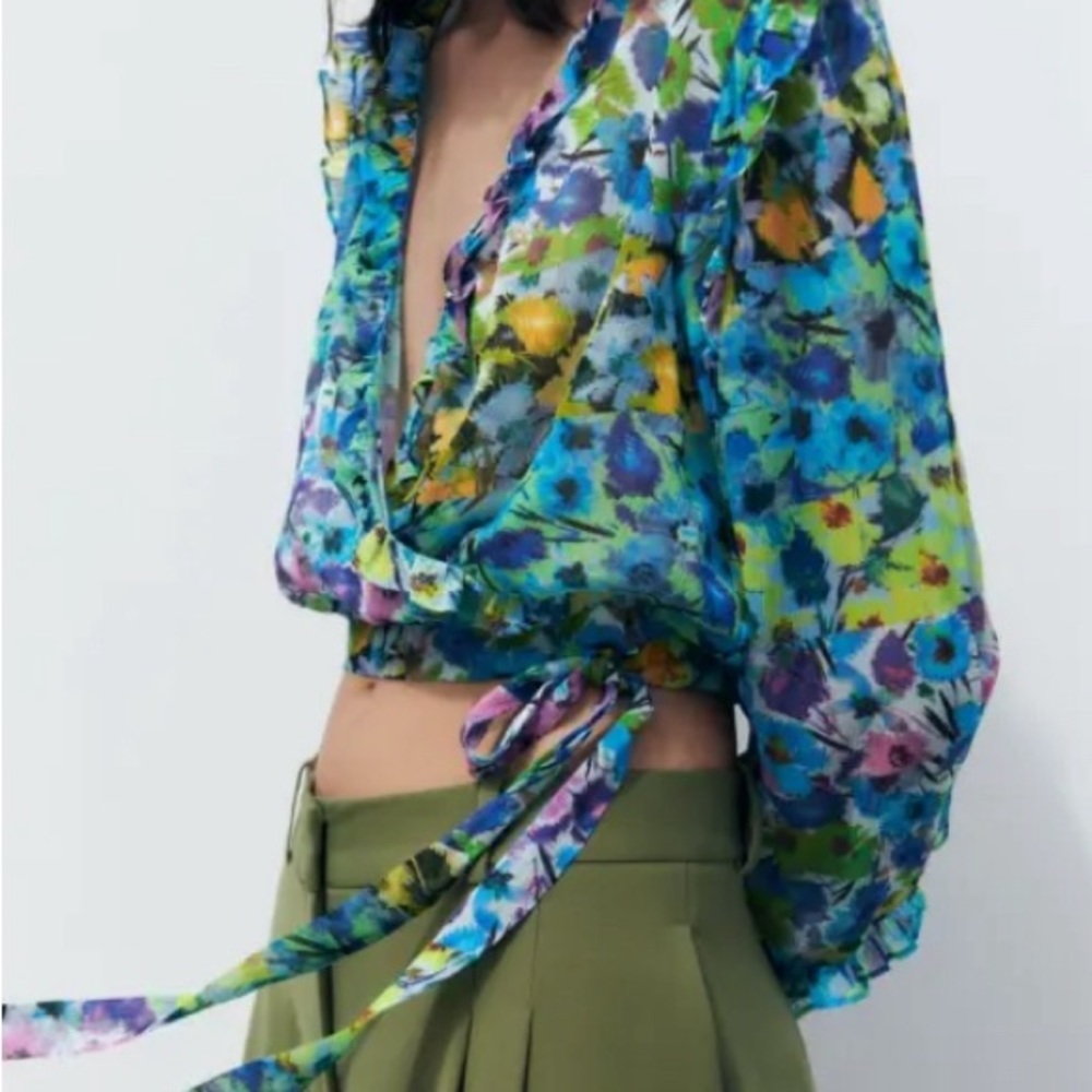 Zara Printed Crossover Blouse with‎ ruffles